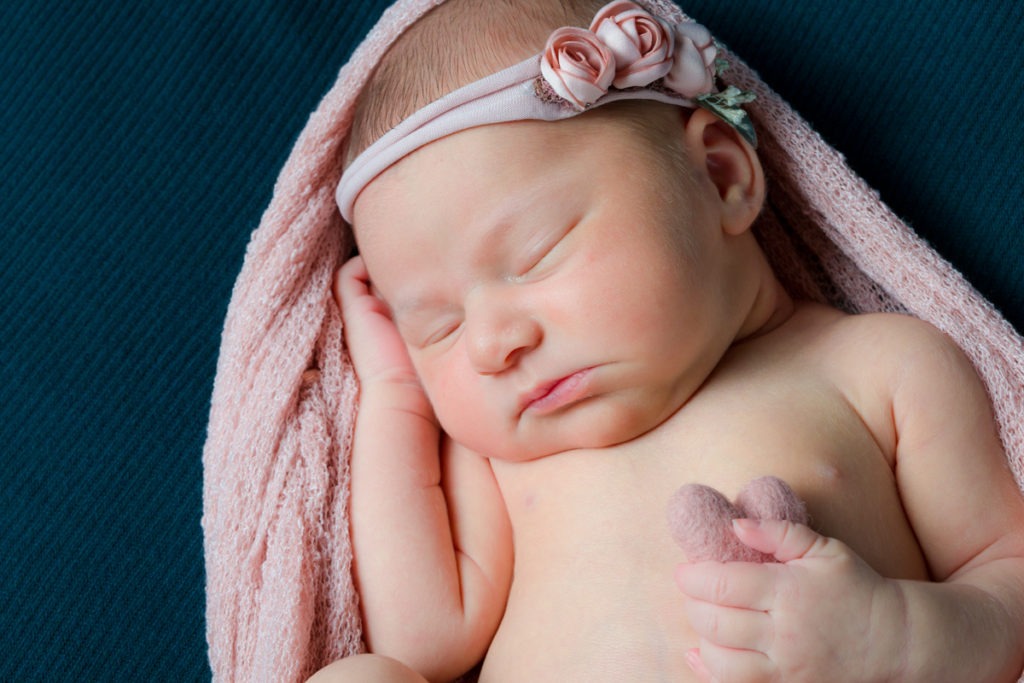 newborn baby girl in pink, flower, heart, Charlotte NC, Rock Hill, SC