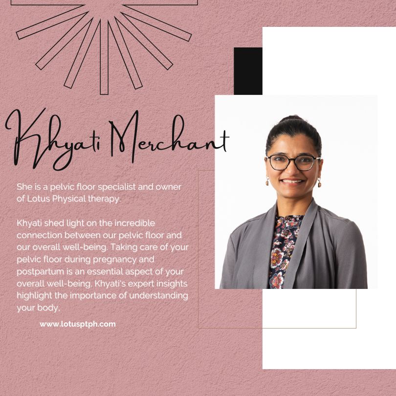 Pelvic floor health specialist and physical therapist Khyati Merchant headshot and description graphic for this blog interview with pink block