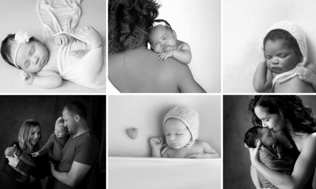 Fort Mill, SC Newborn photographer black and white portrait collage baby family