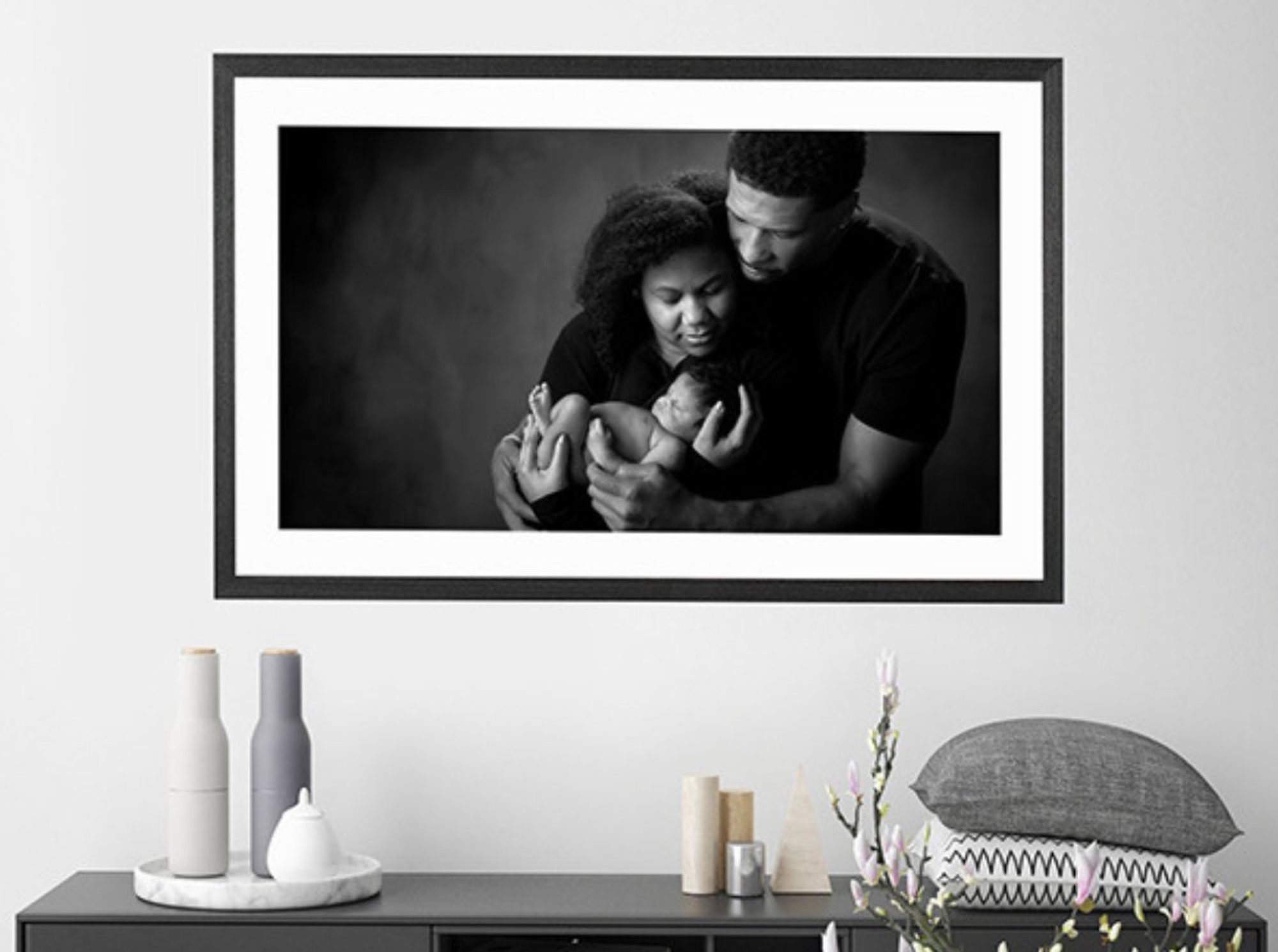 black family portrait with newborn everyone is looking at baby girl, fort mill newborn portrait