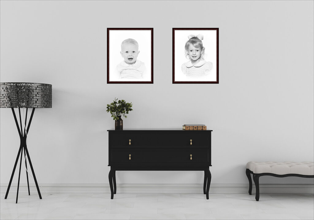black and white kids heirloom portraits displayed