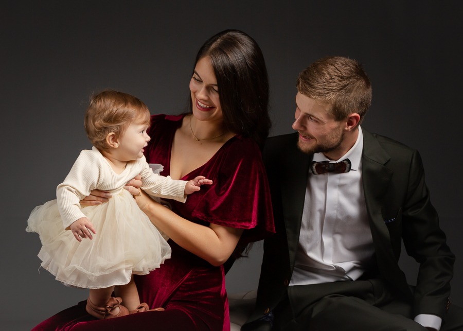 Mom, dad, and baby girl during family portrait session, Charlotte Family Photographer