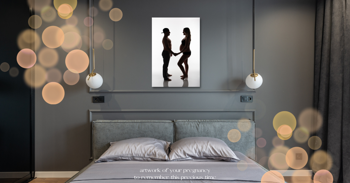 silhouette pregnancy portrait on wall in bedroom, maternity portrait ideas for studio, indoor, winter